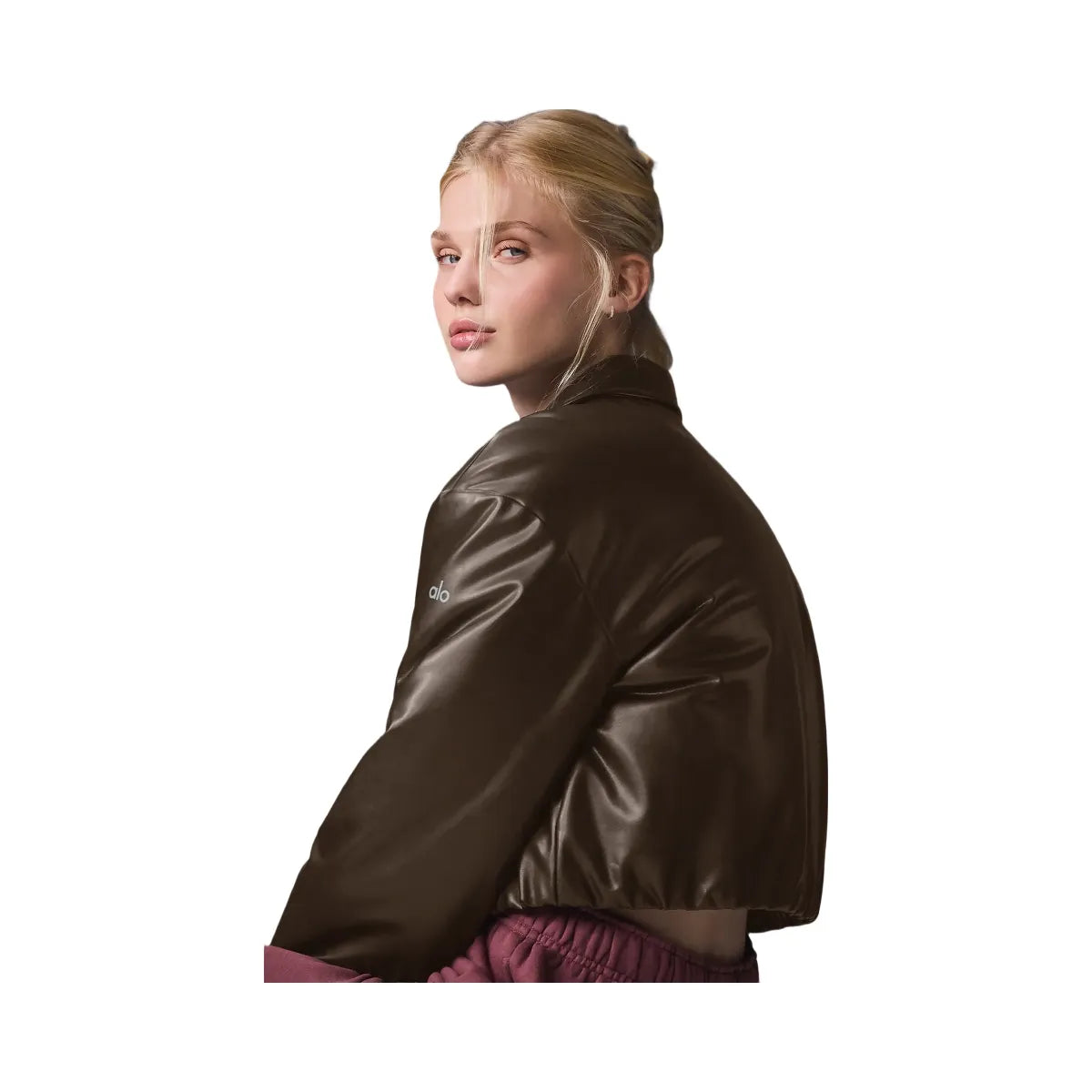 Alo Women's Faux Leather Cropped Premier Bomber - Espresso