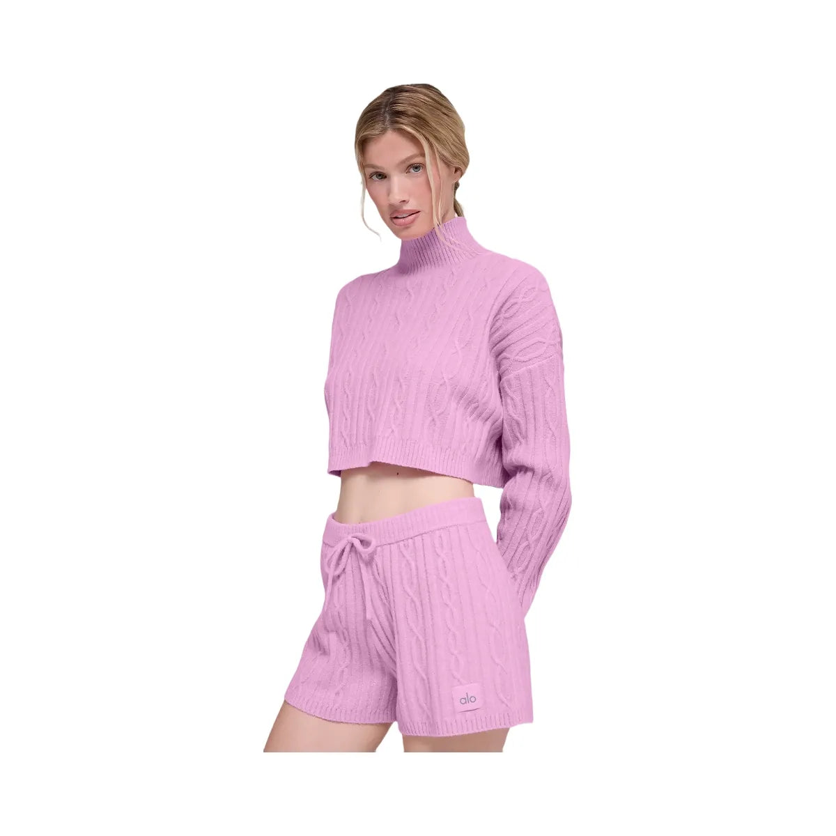 Alo Women's Cable Knit Cropped Winter Bliss Turtleneck Long Sleeve - Candy Heart Pink