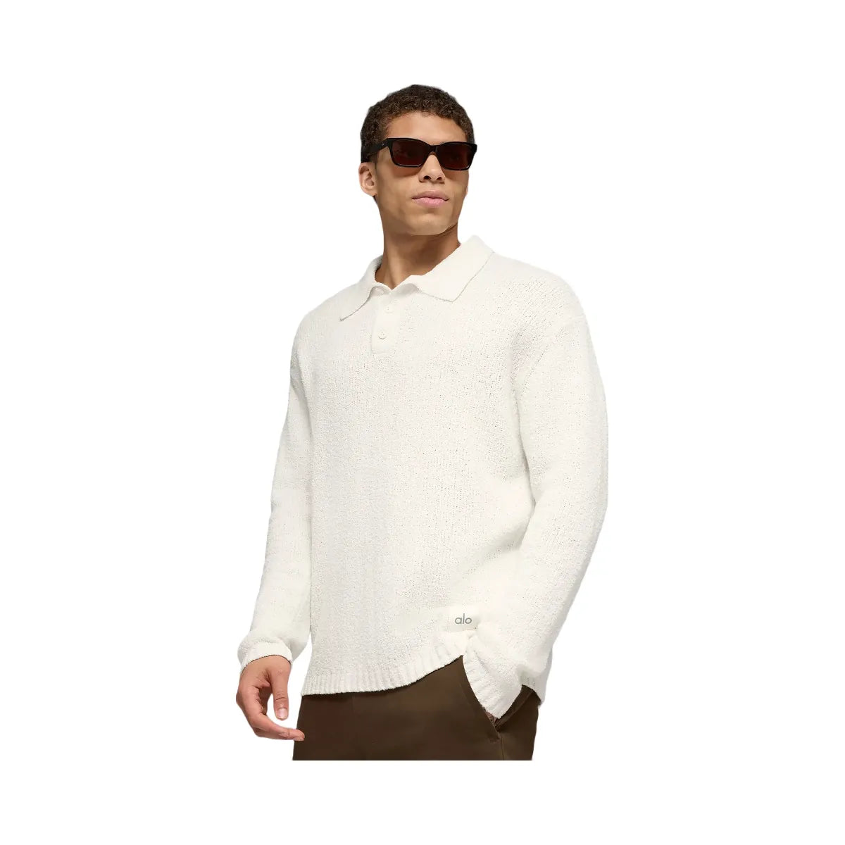 Alo Men's Textured Knit Long Sleeve Polo - Ivory