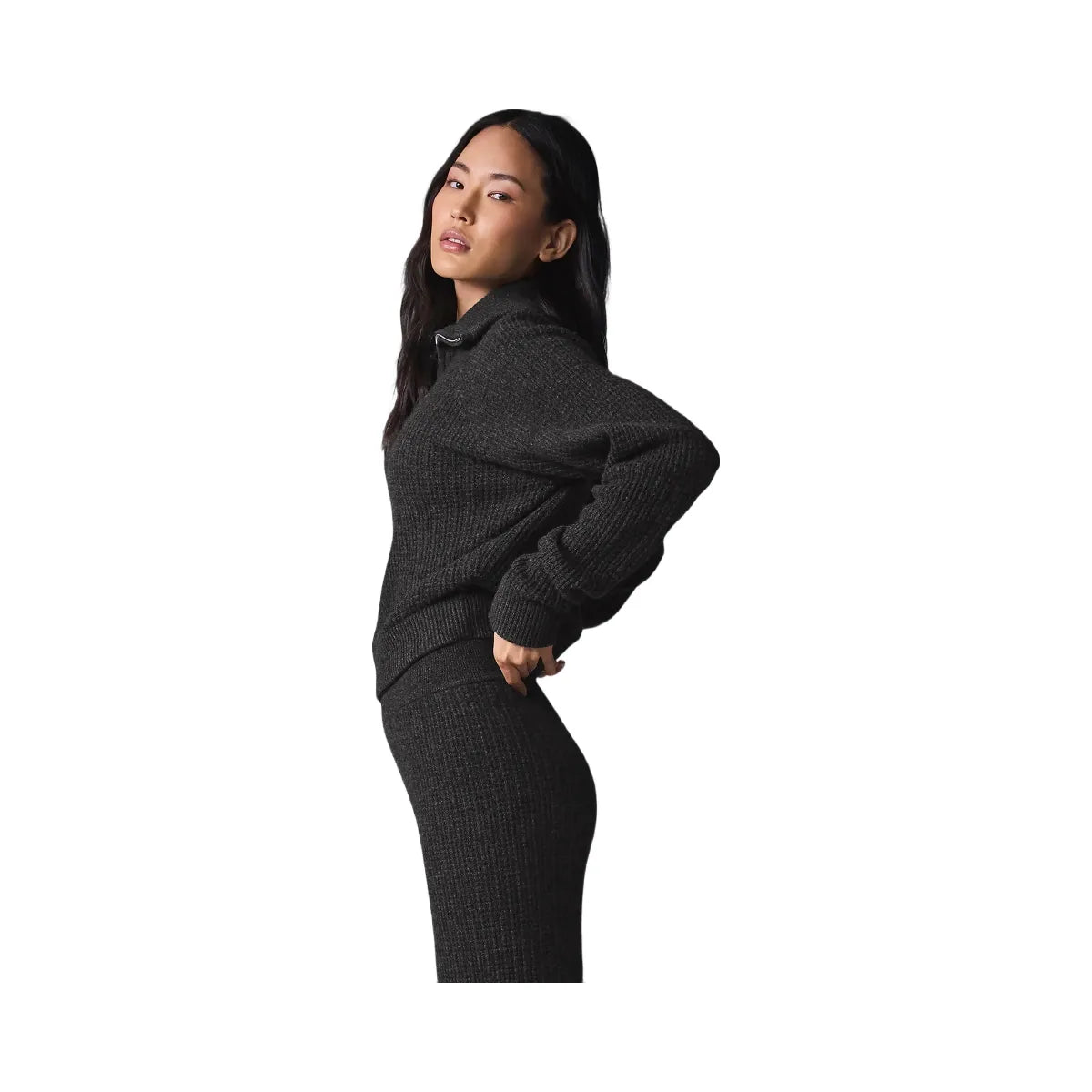 Alo Women's Cashmere Plush Waffle 1/4 Zip Pullover - Dark Heather Grey
