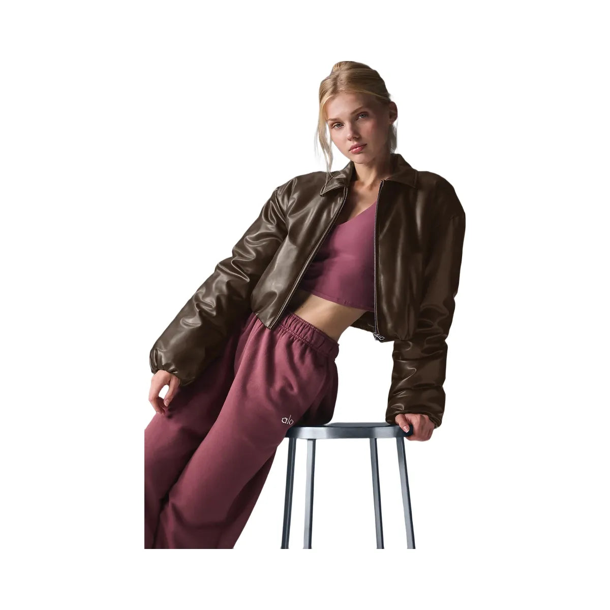 Alo Women's Faux Leather Cropped Premier Bomber - Espresso