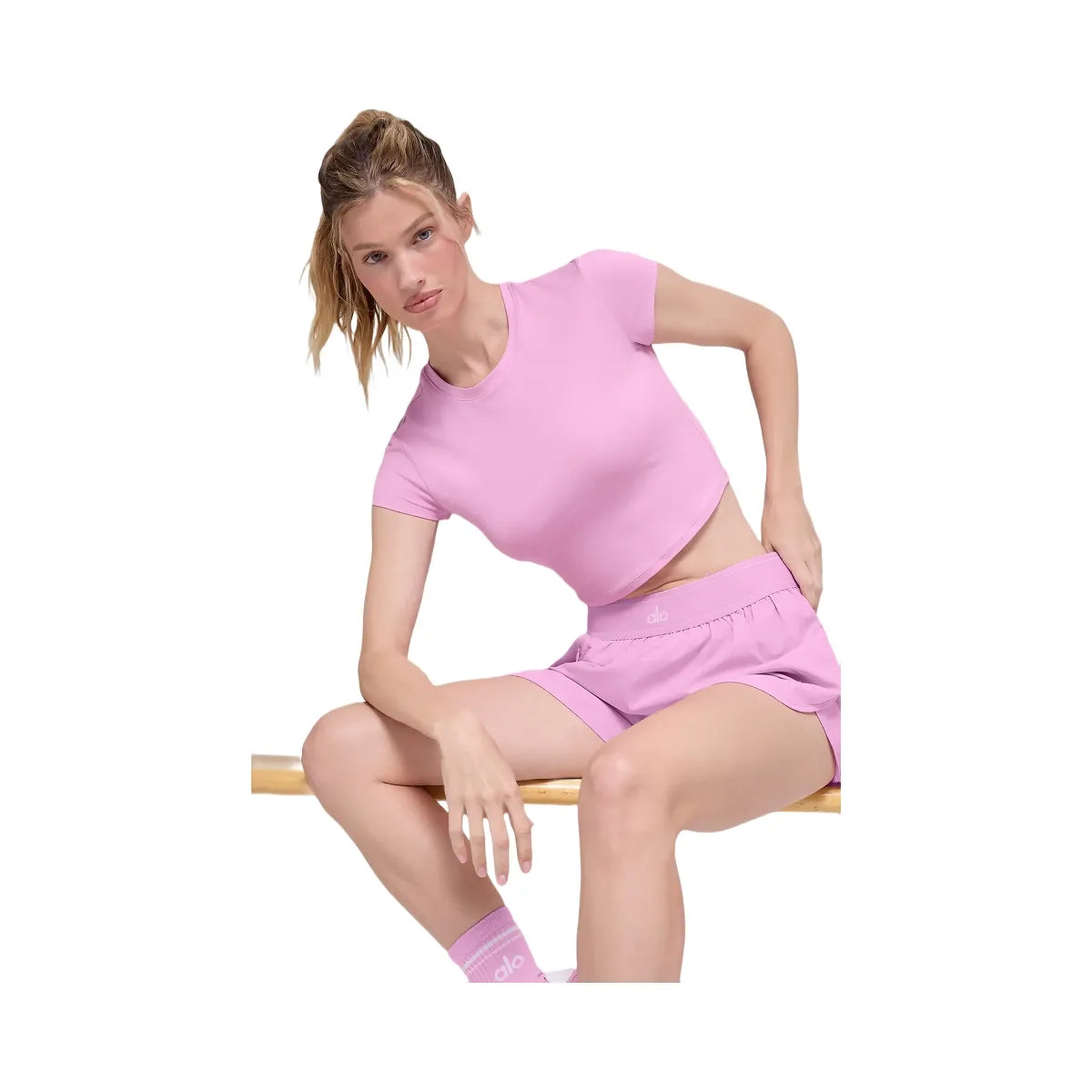 Alo Women's soft Crop Finesse Short Sleeve - Candy Heart Pink