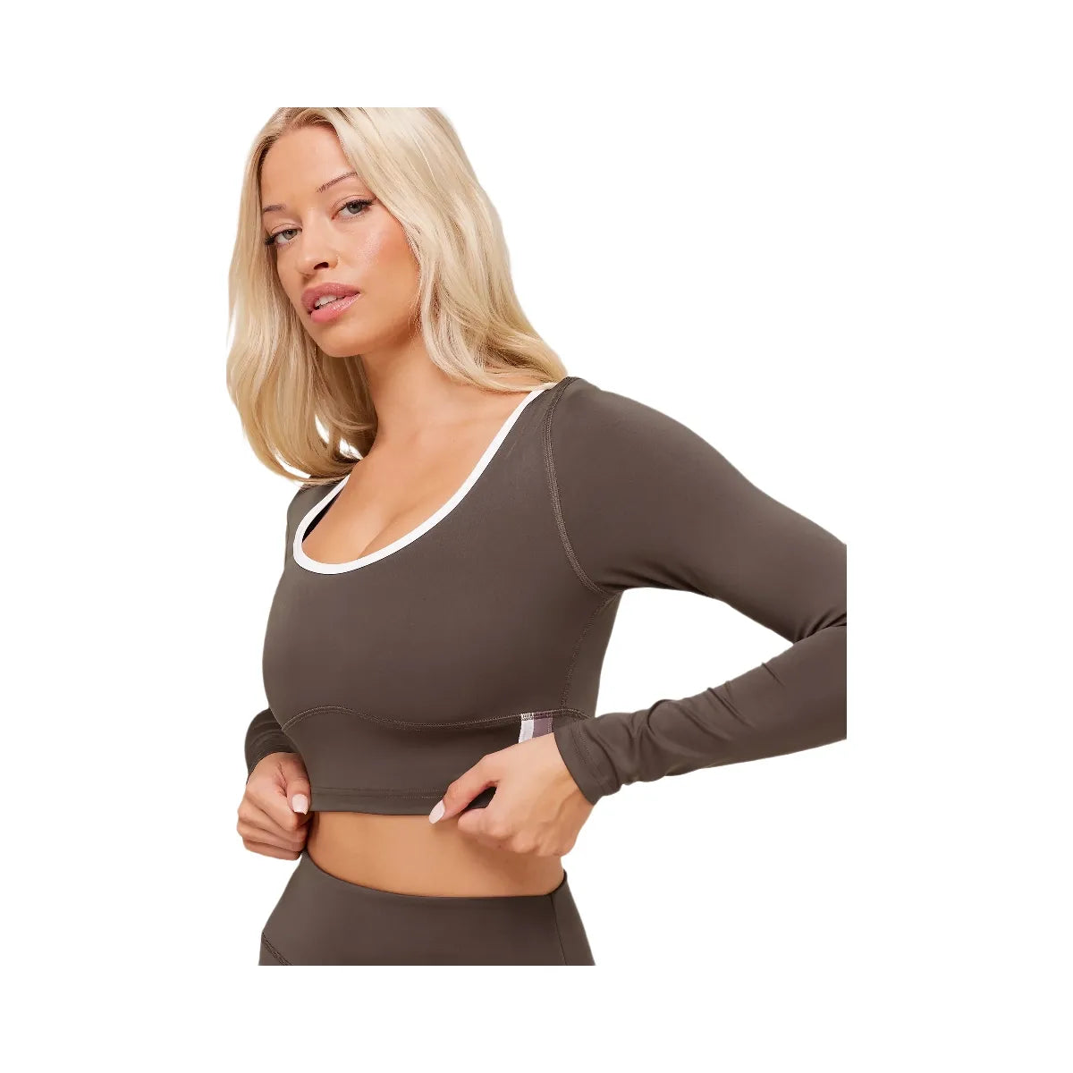 Gymshark Piping Long Sleeve Crop Top - Walnut Brown/Chestnut Pink/Soft White