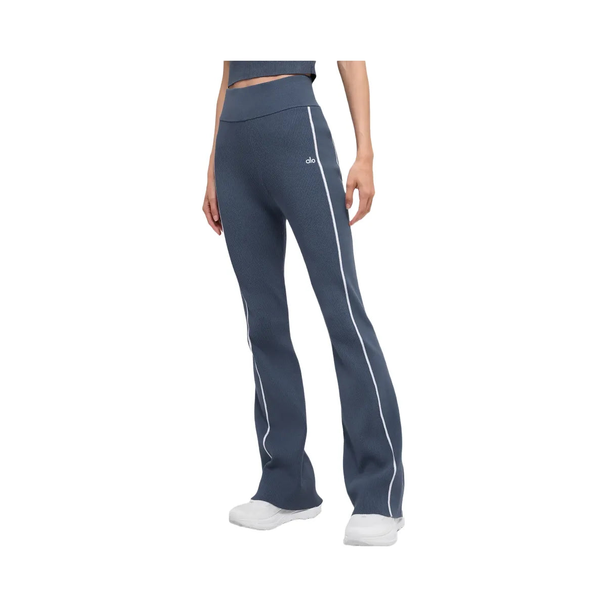 Alo Women's Ribbed Sweater Knit Highline Flare Pant - Bluestone/White