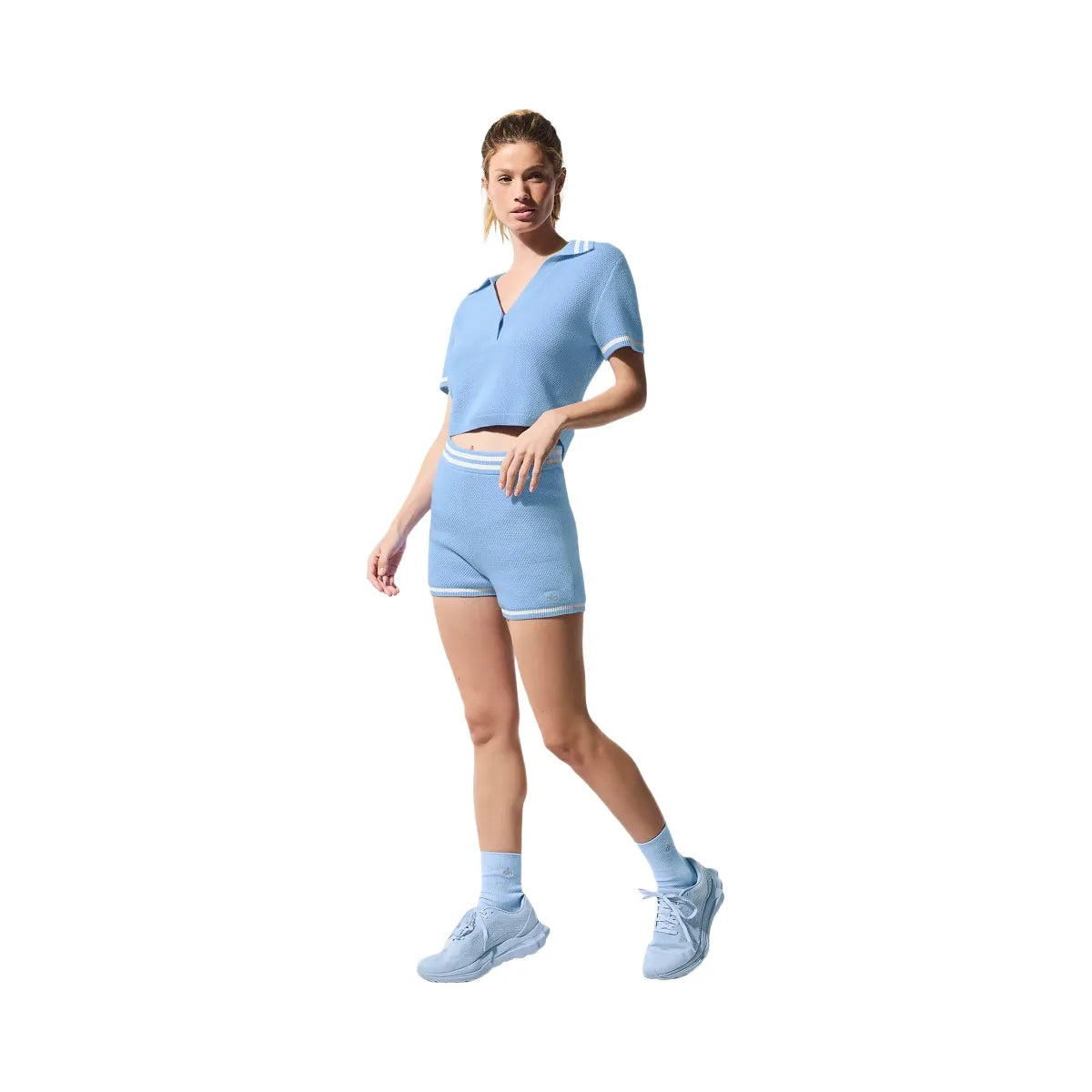 Alo Women's Tennis Club Sweater Knit Hot Short - Seashell Blue/White