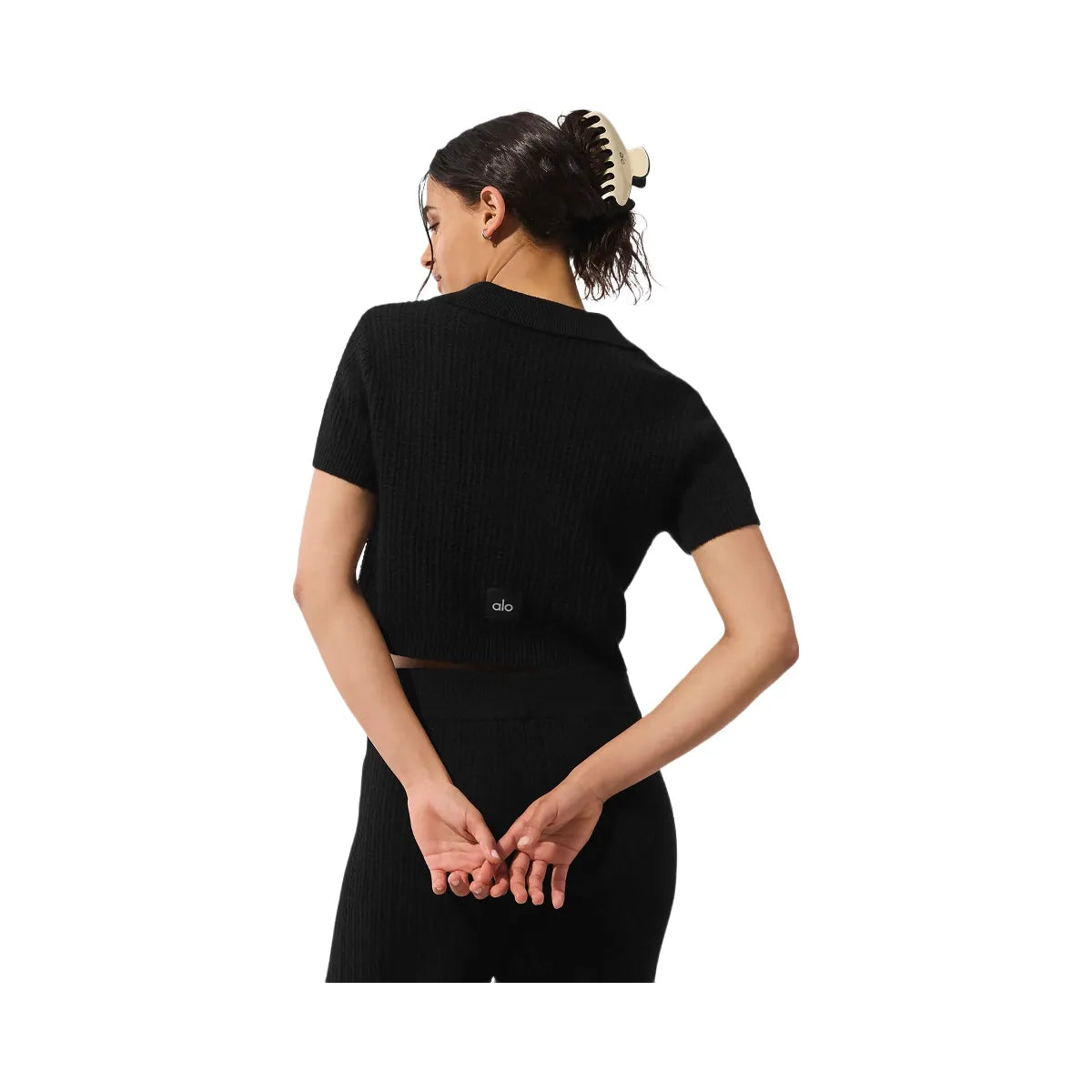 Alo Women's Cashmere Plush Waffle Polo Tee - Black
