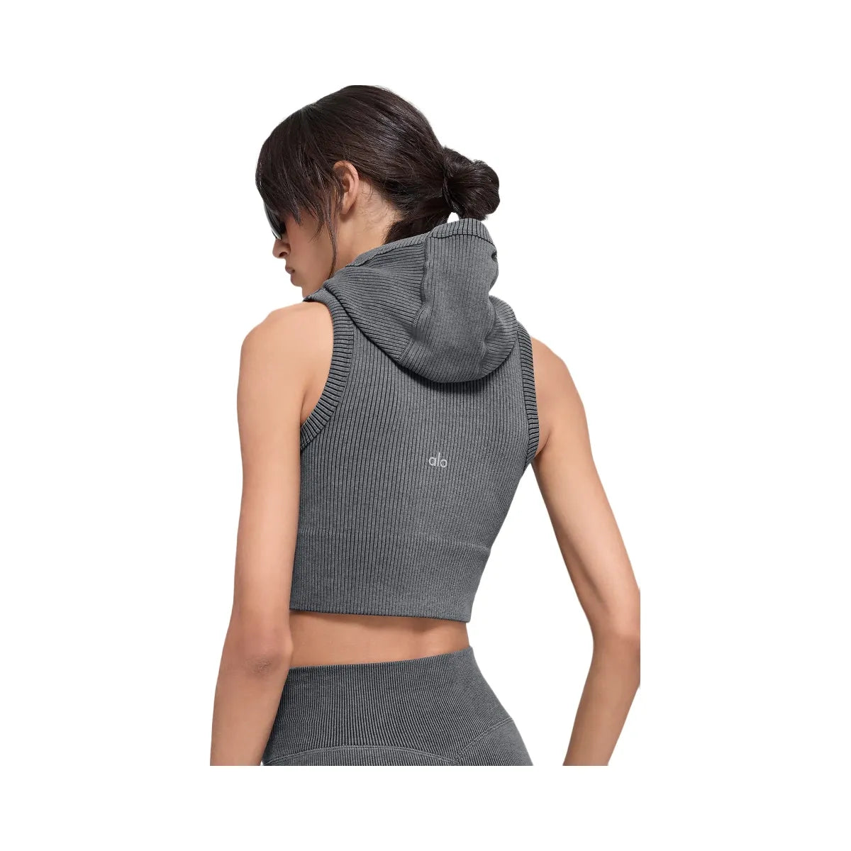 Alo Women's Seamless Two Tone Rib Hooded Vest - Dark Misty Grey Heather