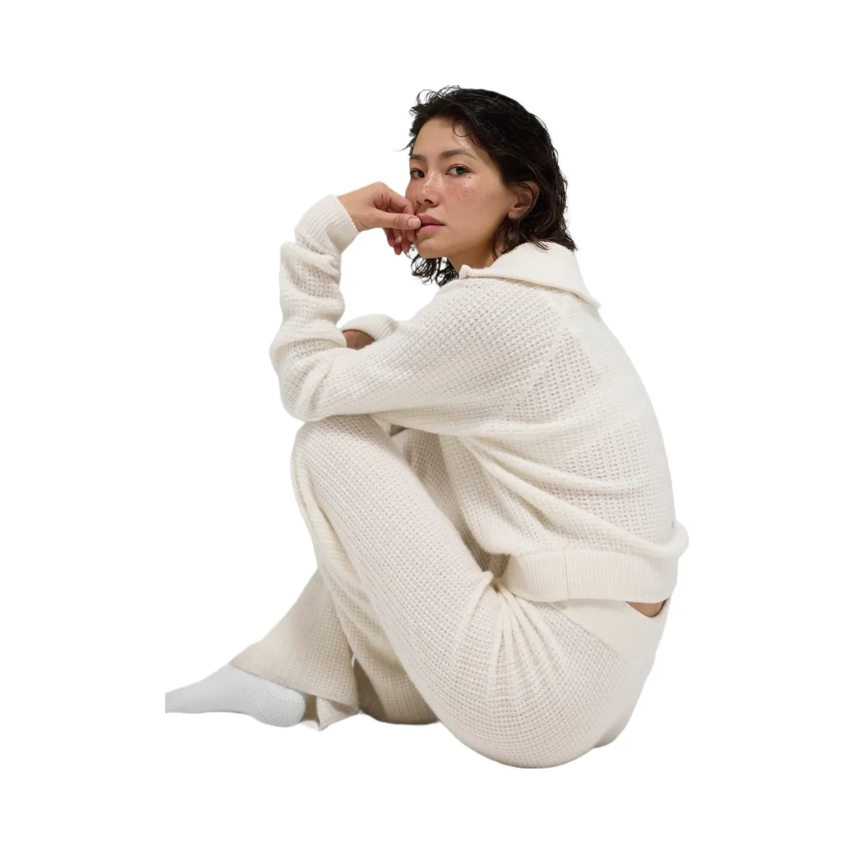 Alo Women's Cashmere Plush Waffle 1/4 Zip Pullover - Ivory