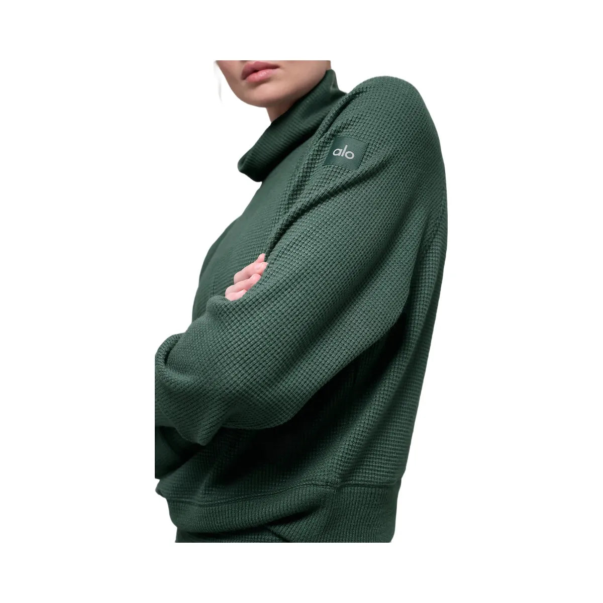 Alo Women's Waffle Weekend Escape Mock Neck Long Sleeve - Clover Green