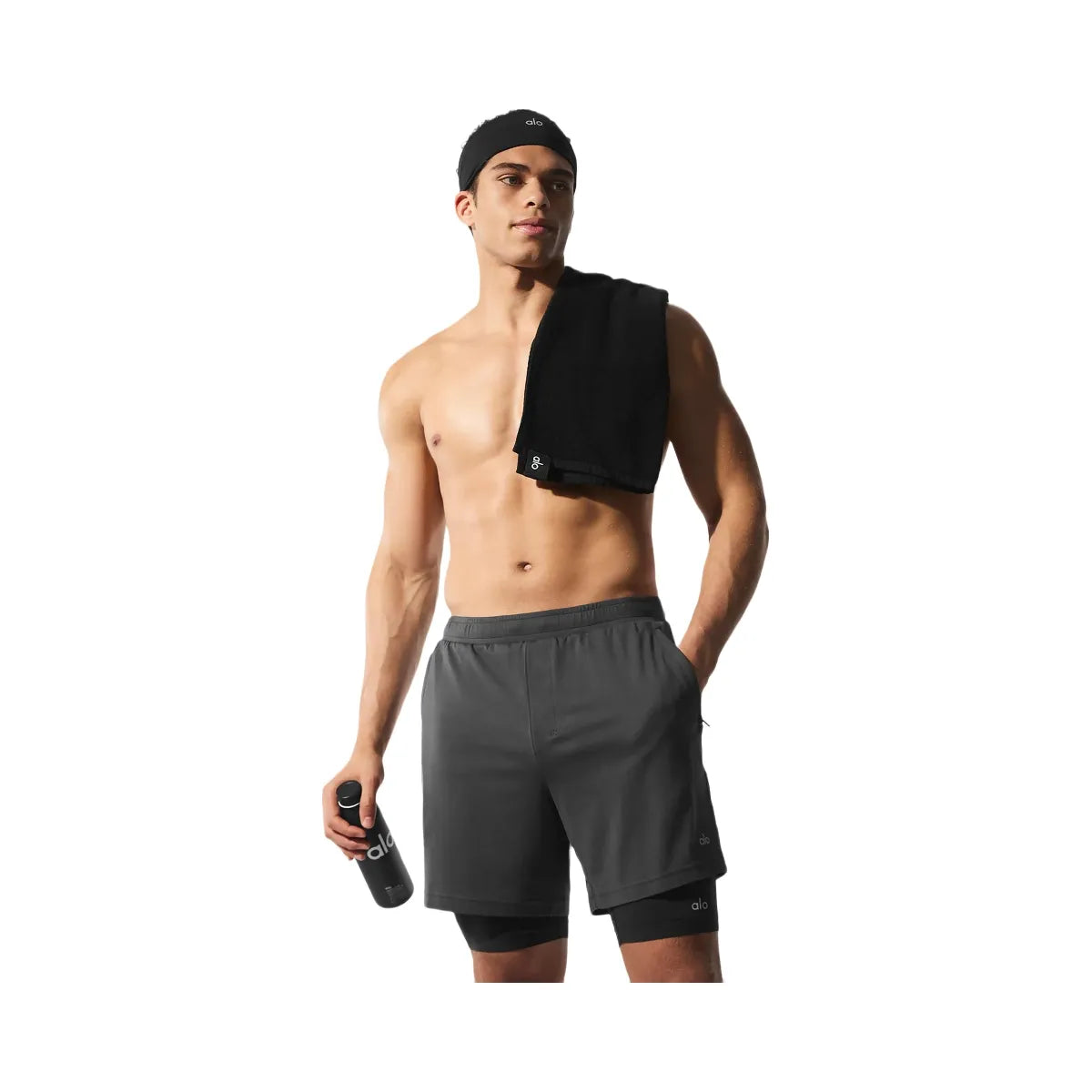 Alo Men's Conquer React 2-In-1 Performance Short - Anthracite/Black