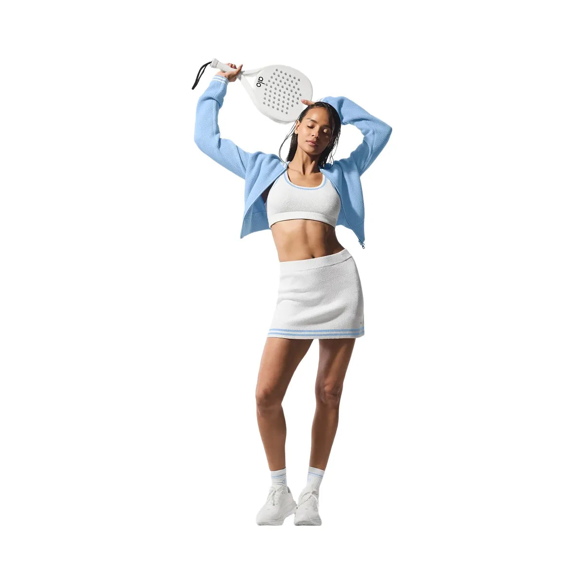 Alo Women's Tennis Club Sweater Knit Bra - White/Seashell Blue