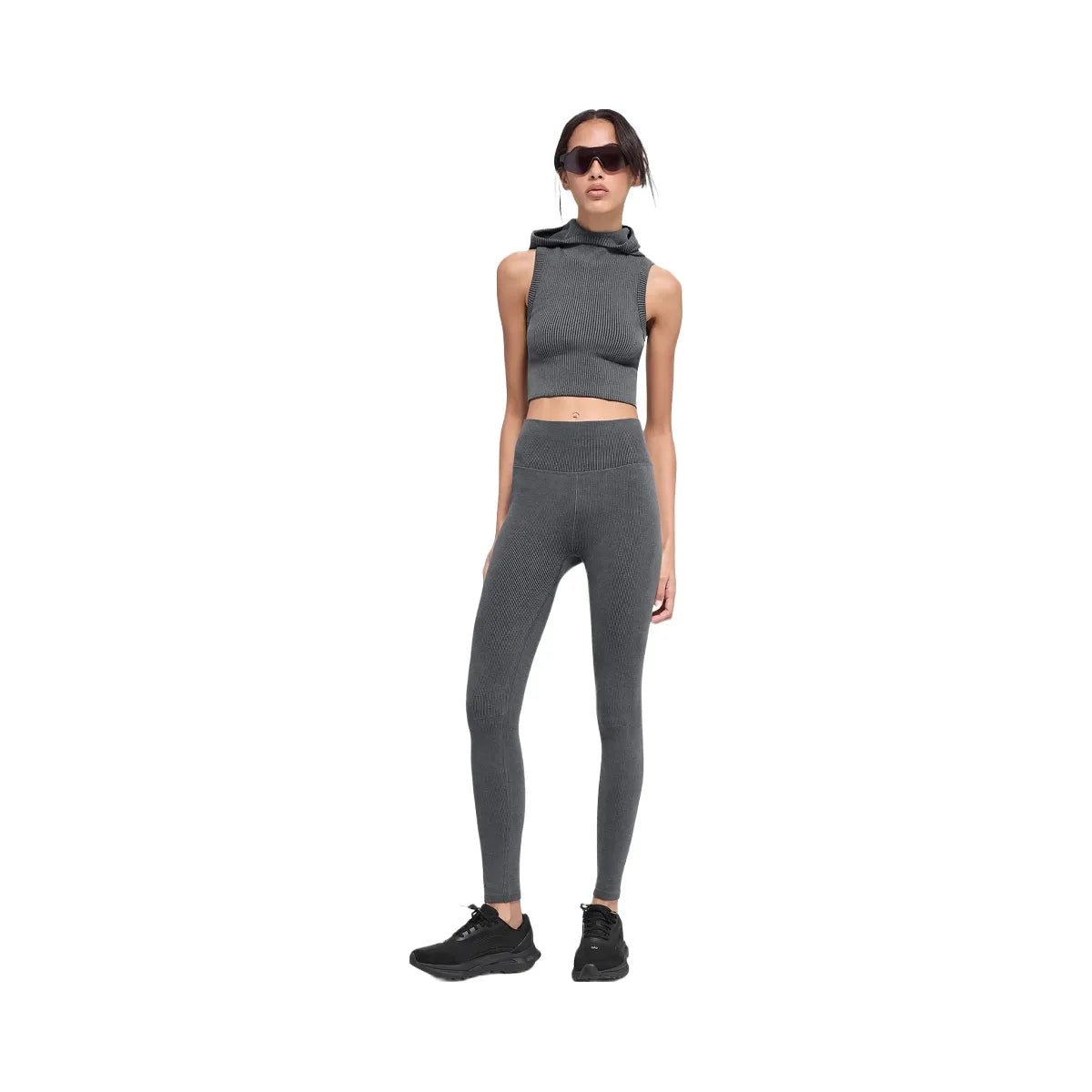 Alo Women's Seamless Two Tone Rib Hooded Vest - Dark Misty Grey Heather