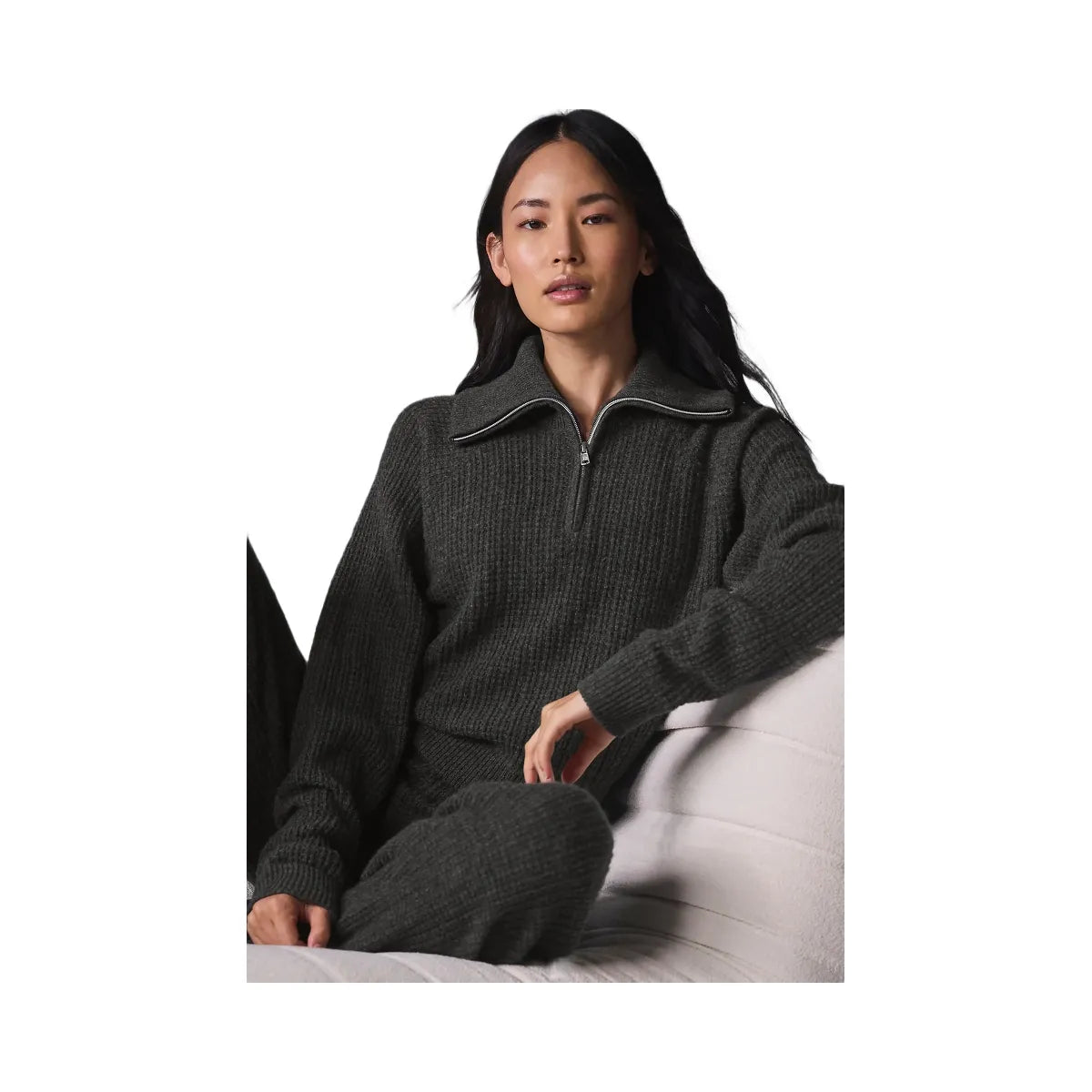 Alo Women's Cashmere Plush Waffle 1/4 Zip Pullover - Dark Heather Grey