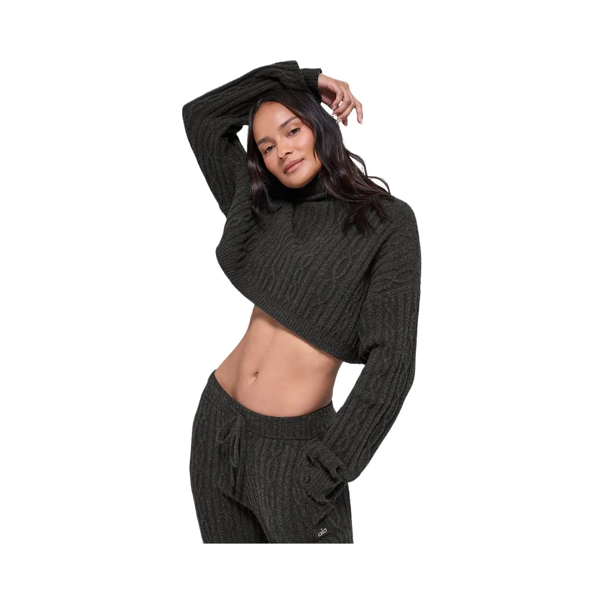 Alo Women's Cable Knit Cropped Winter Bliss Turtleneck Long Sleeve - Dark Heather Grey