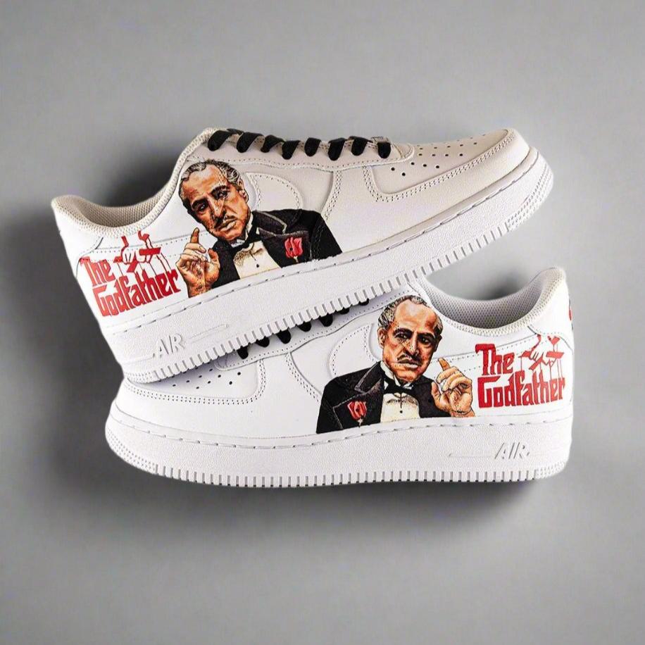 Custom white Air Force 1 sneakers featuring The Godfather design and character artwork.