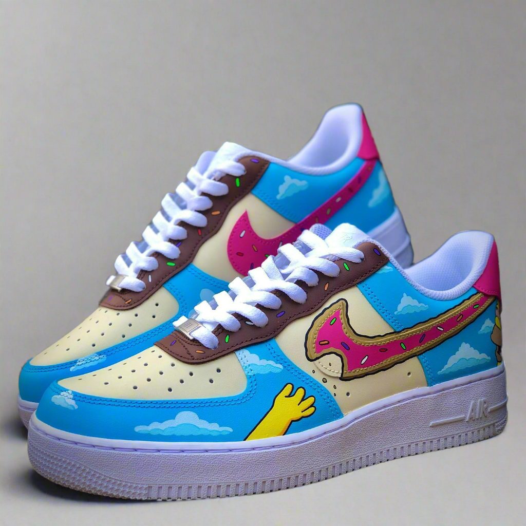 Custom Air Force 1 sneakers with cartoon donut, blue sky, clouds, and yellow hand design