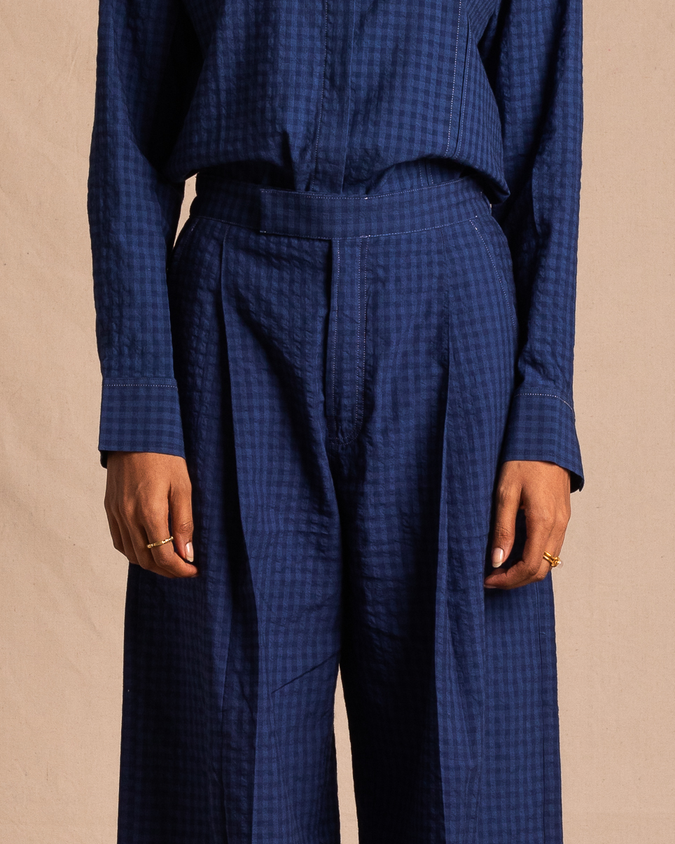 Blue checkered wide-leg pants and matching shirt set, streetwear fashion