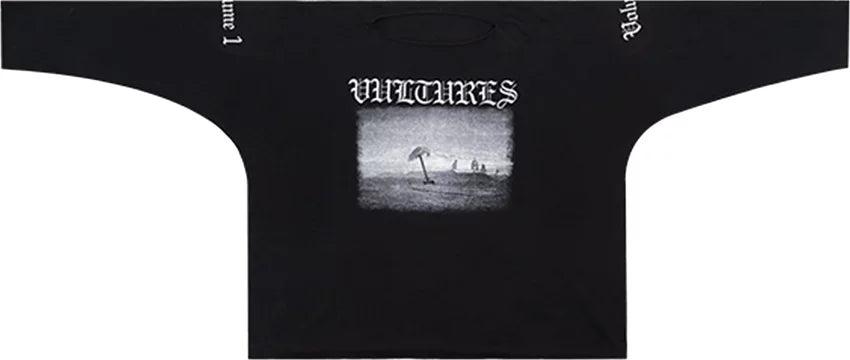 Black streetwear long sleeve t-shirt with 'VULTURES' text and graphic print on chest