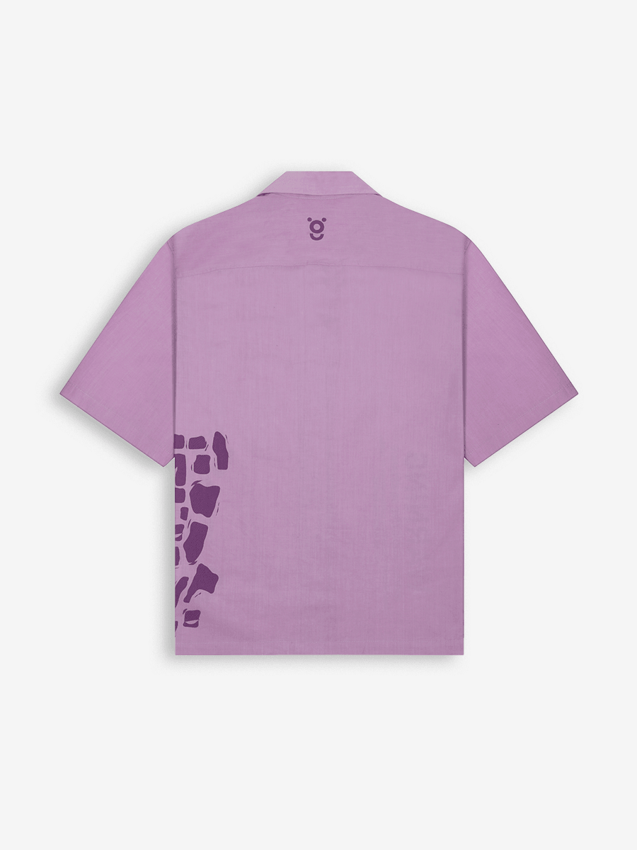 Purple short-sleeve streetwear shirt with geometric print and small graphic on back