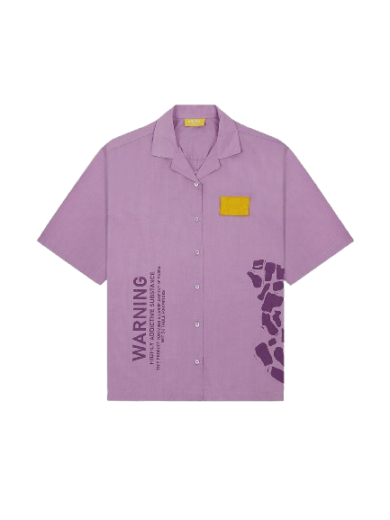 Purple short sleeve streetwear shirt with 'WARNING' text, yellow chest patch, and abstract print.
