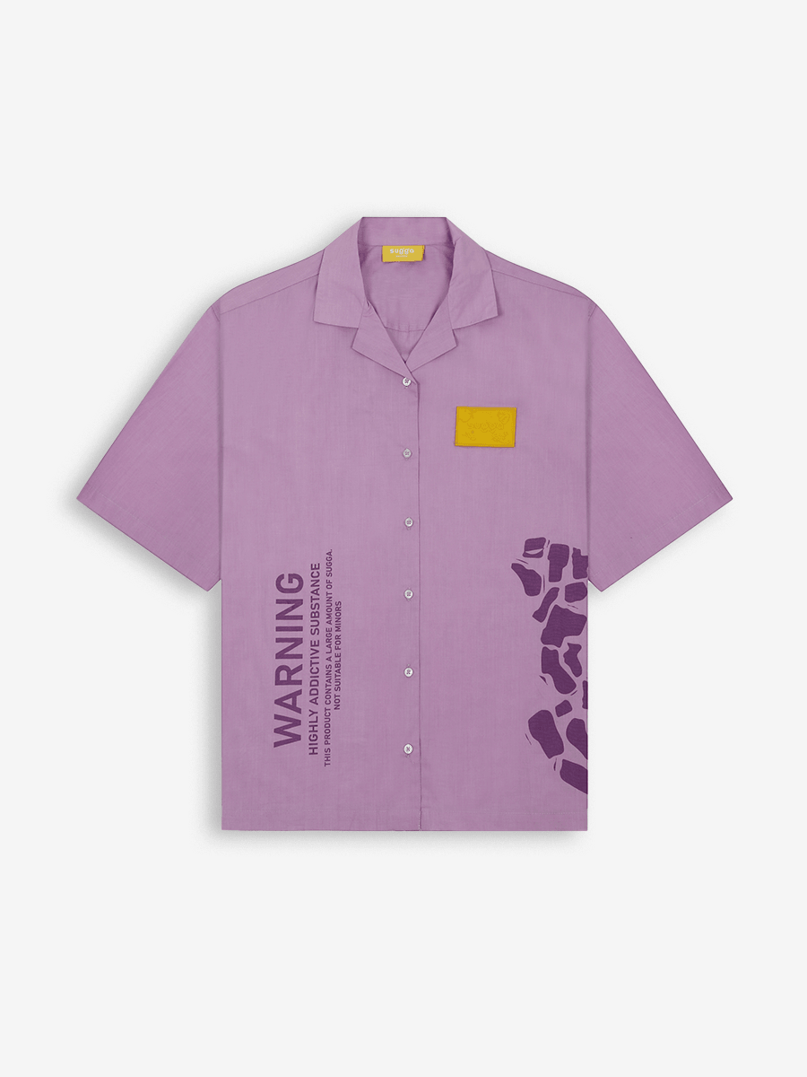 Purple short sleeve button-up streetwear shirt with warning text and graphic print