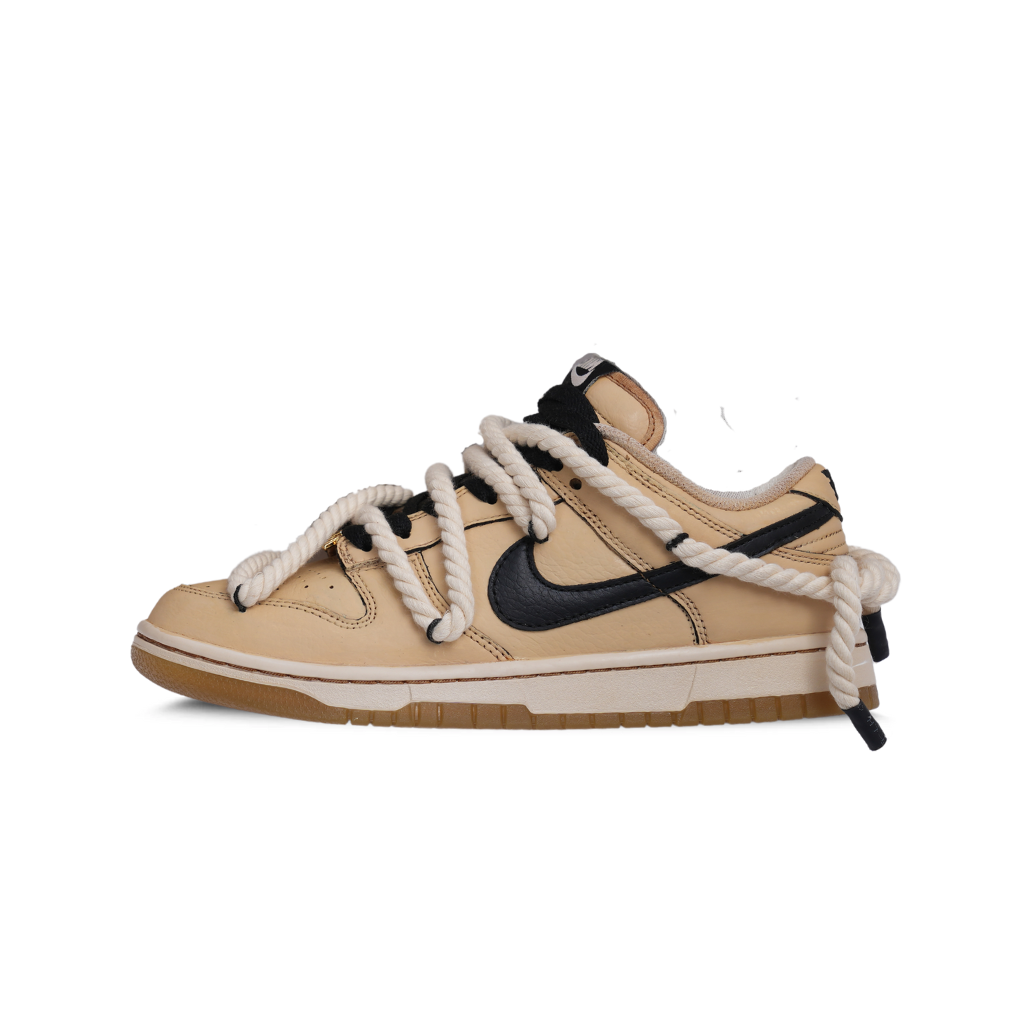 Tan and black Dunk-style sneaker with oversized rope laces, limited edition streetwear shoe