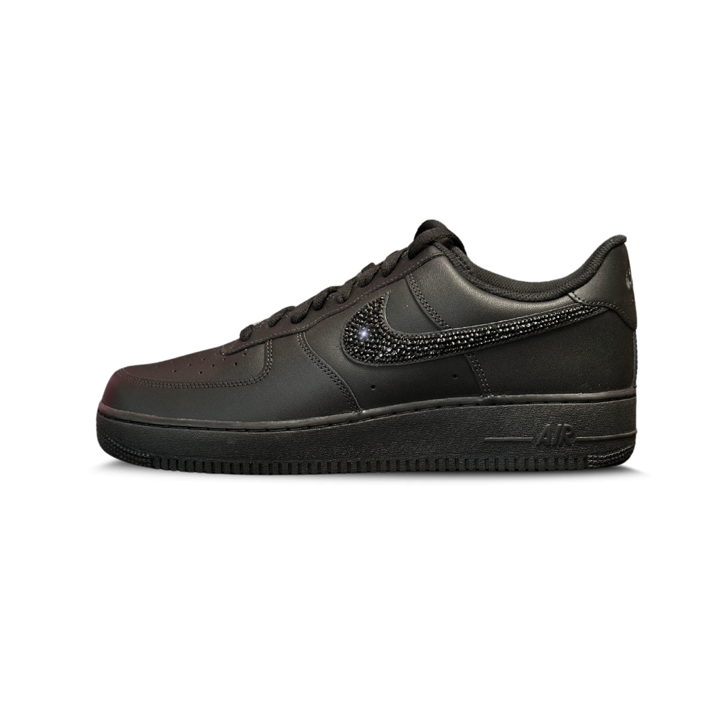 Black designer sneaker with crystal-embellished Swoosh, low-top premium streetwear shoe