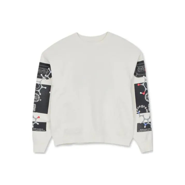 White streetwear sweatshirt with black graphic patches on sleeves, designer casual fashion