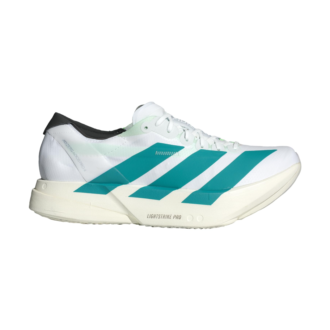 White athletic shoe with blue stripes on a white background