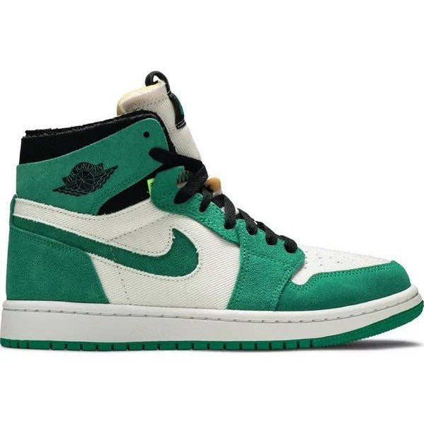 Green and white high-top sneaker with black laces and suede overlays on a white sole