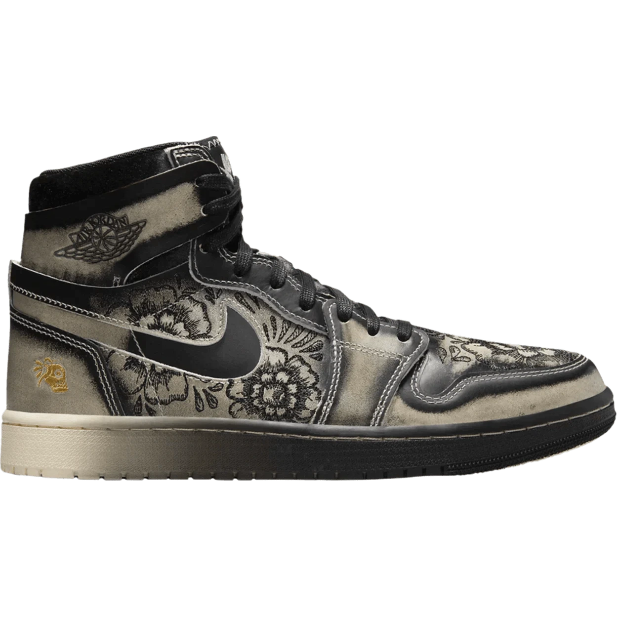 Black and grey high-top sneaker with floral embroidery and Dia de Muertos skull detail
