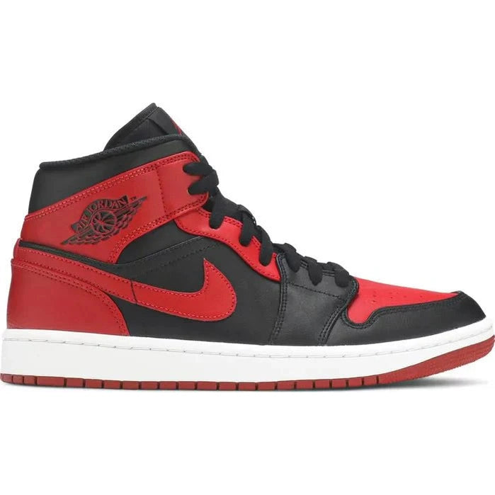 Black and red Air Jordan 1 Mid Banned sneaker with white sole, side profile view.