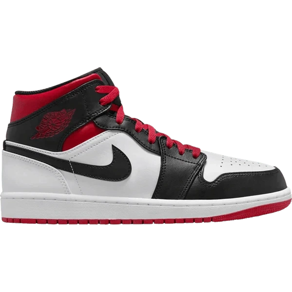 Air Jordan 1 Mid sneaker in gym red, black, and white with red outsole and laces