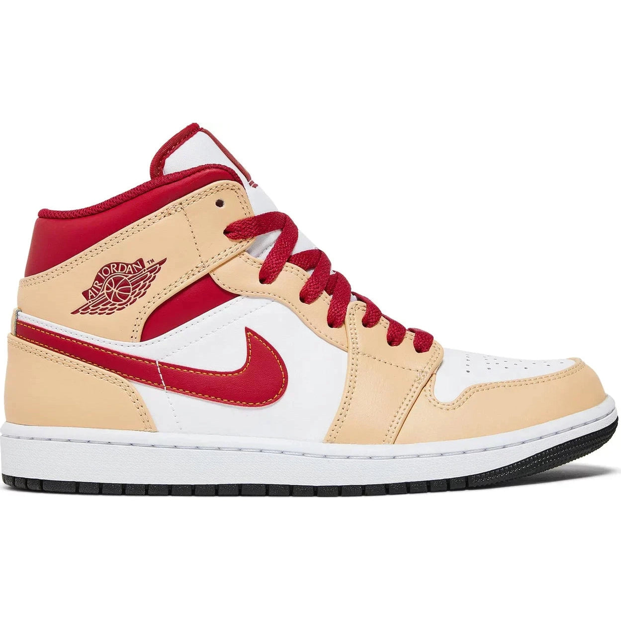 Air Jordan 1 Mid sneaker in light curry, cardinal red and white with red laces