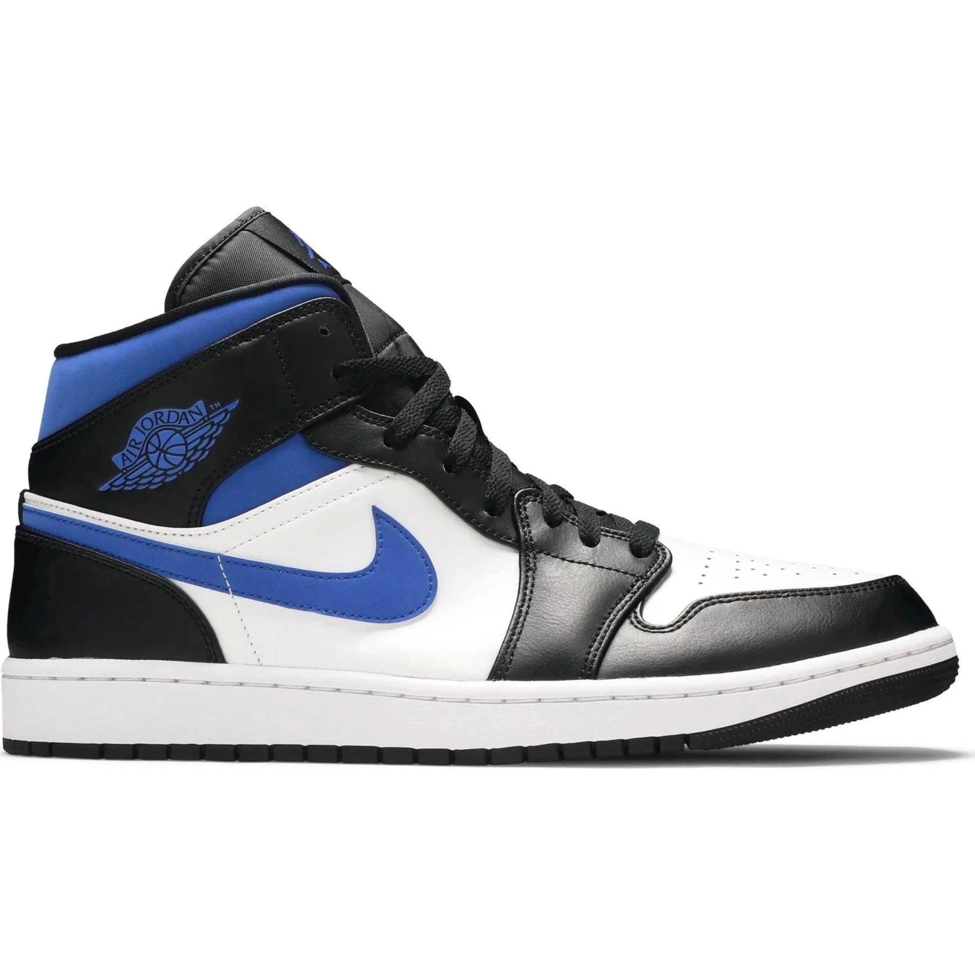 Air Jordan 1 Mid Racer Blue sneaker with black, blue, and white leather details
