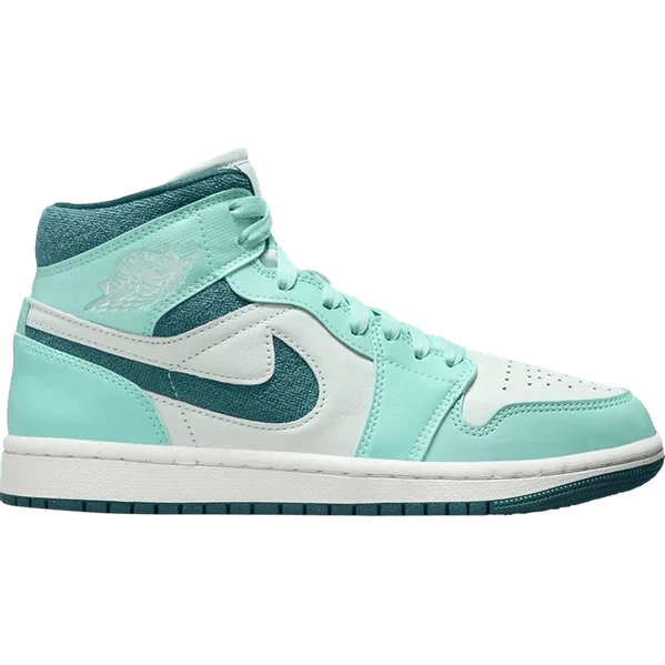 Mid-top sneaker in white and bleached turquoise with textured panels and swoosh logo.