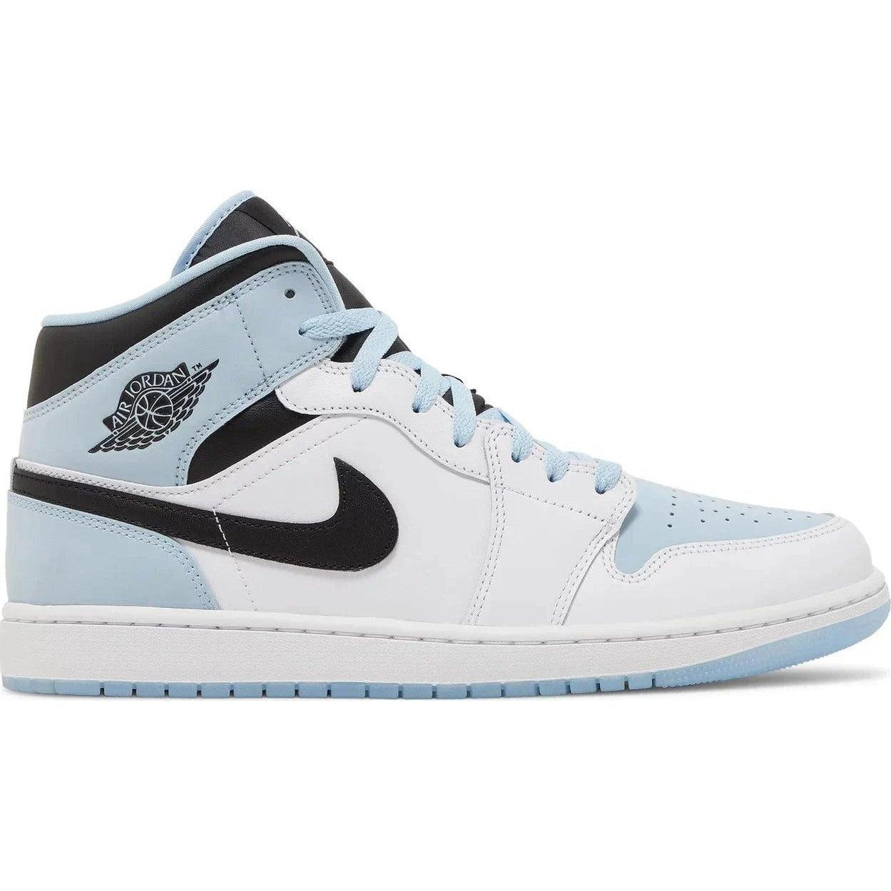 White and ice blue mid-top sneaker with black swoosh and light blue laces, streetwear style
