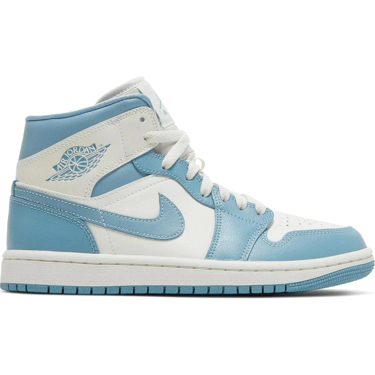 Air Jordan 1 Mid sneaker in white and university blue, side profile, premium leather shoe