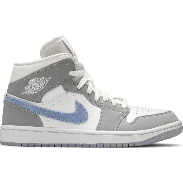 Air Jordan 1 Mid Wolf Grey Aluminum sneaker with white, grey, and light blue accents