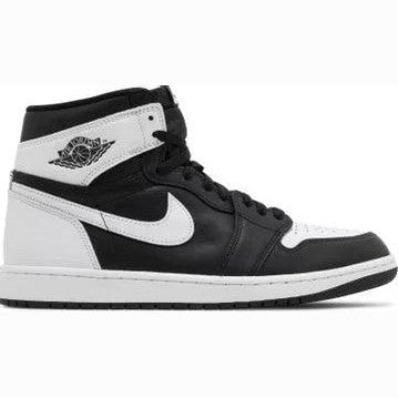 Black and white high-top sneaker with white swoosh and classic wing logo on the collar