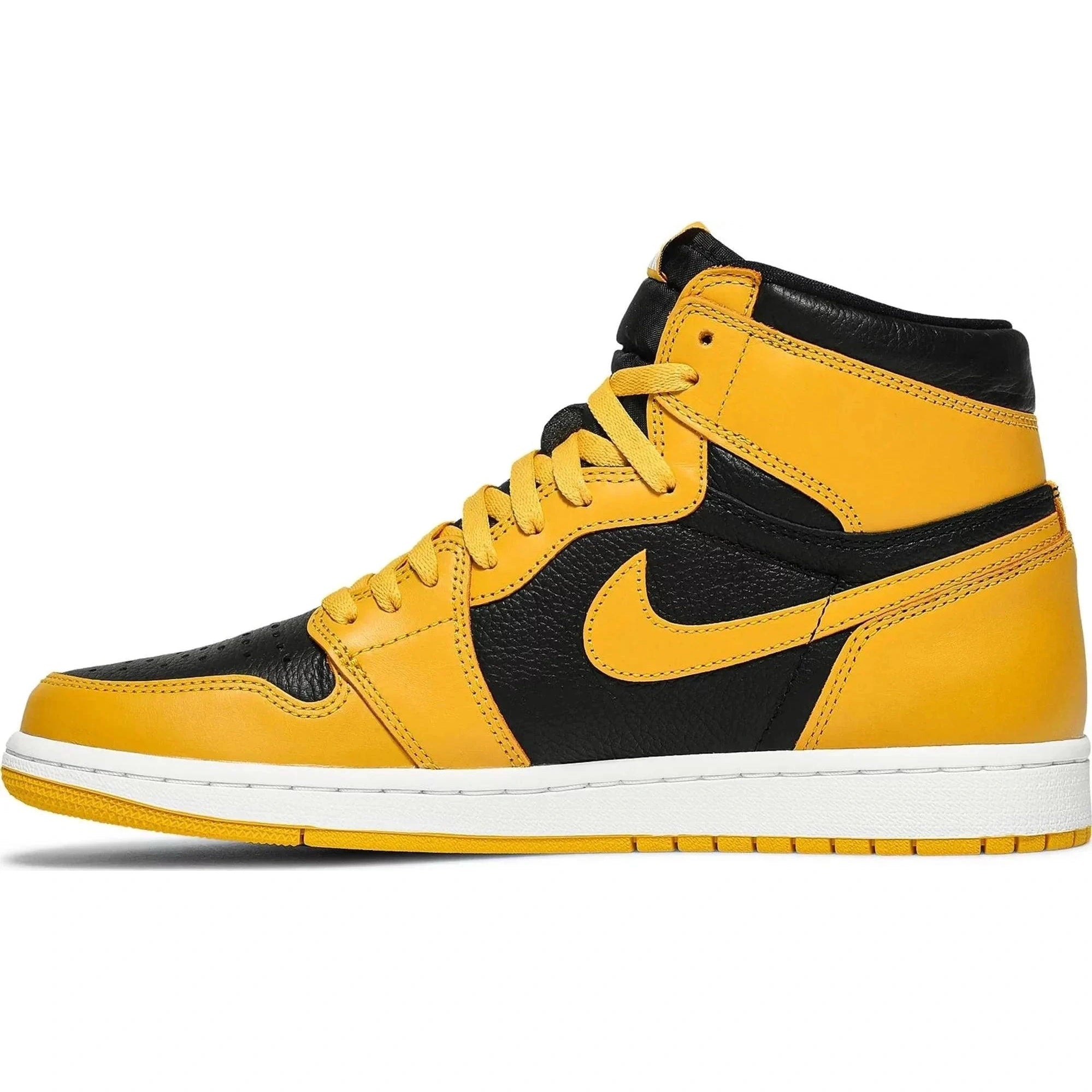 Yellow and black high-top sneaker with white sole, leather upper, and Nike Swoosh logo