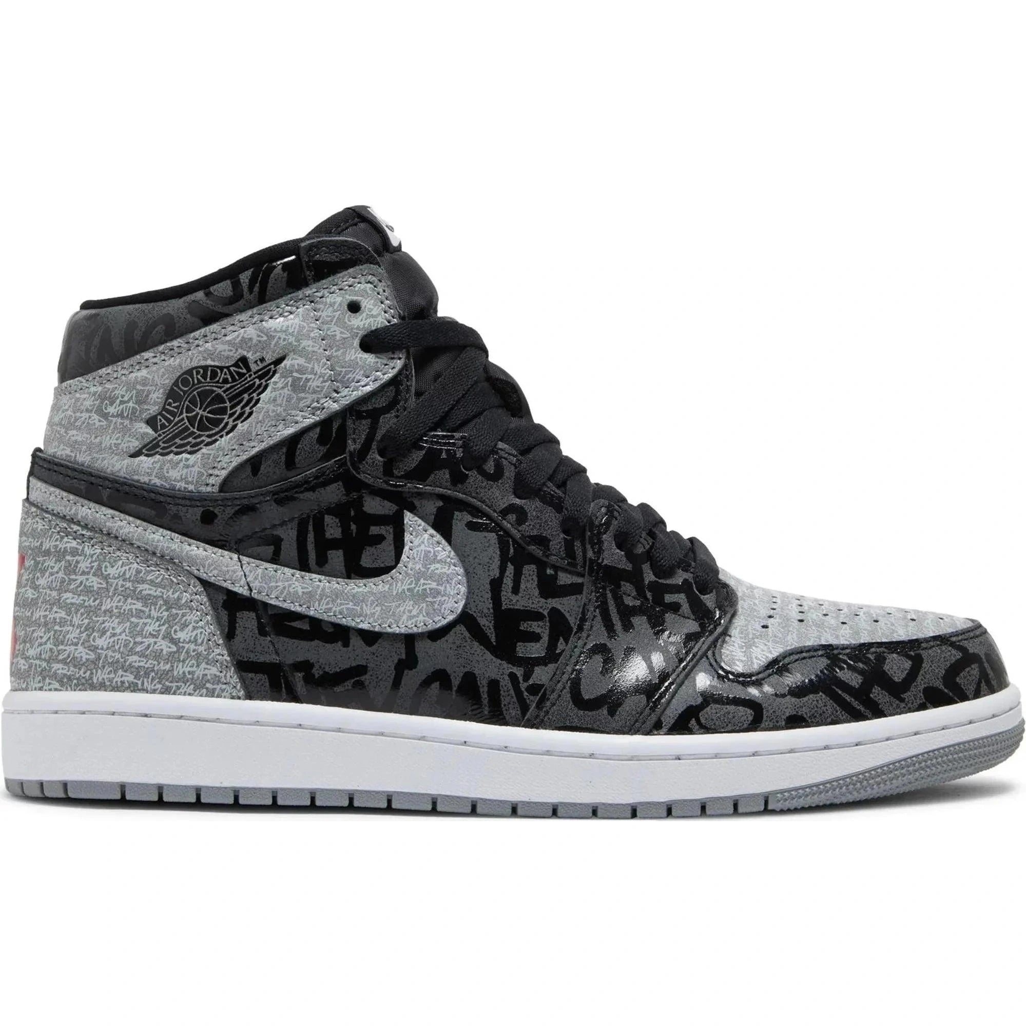 Air Jordan 1 Retro High OG Rebellionaire sneaker with black and grey graffiti print, white sole