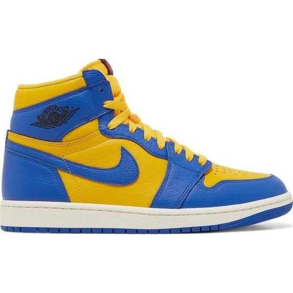 Blue and yellow high-top sneaker with white sole, featuring classic streetwear design elements