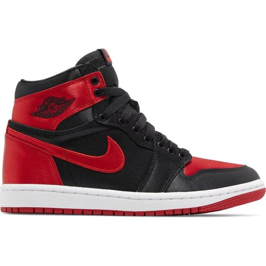 Black and red high-top sneaker with white sole, featuring side logo and red swoosh