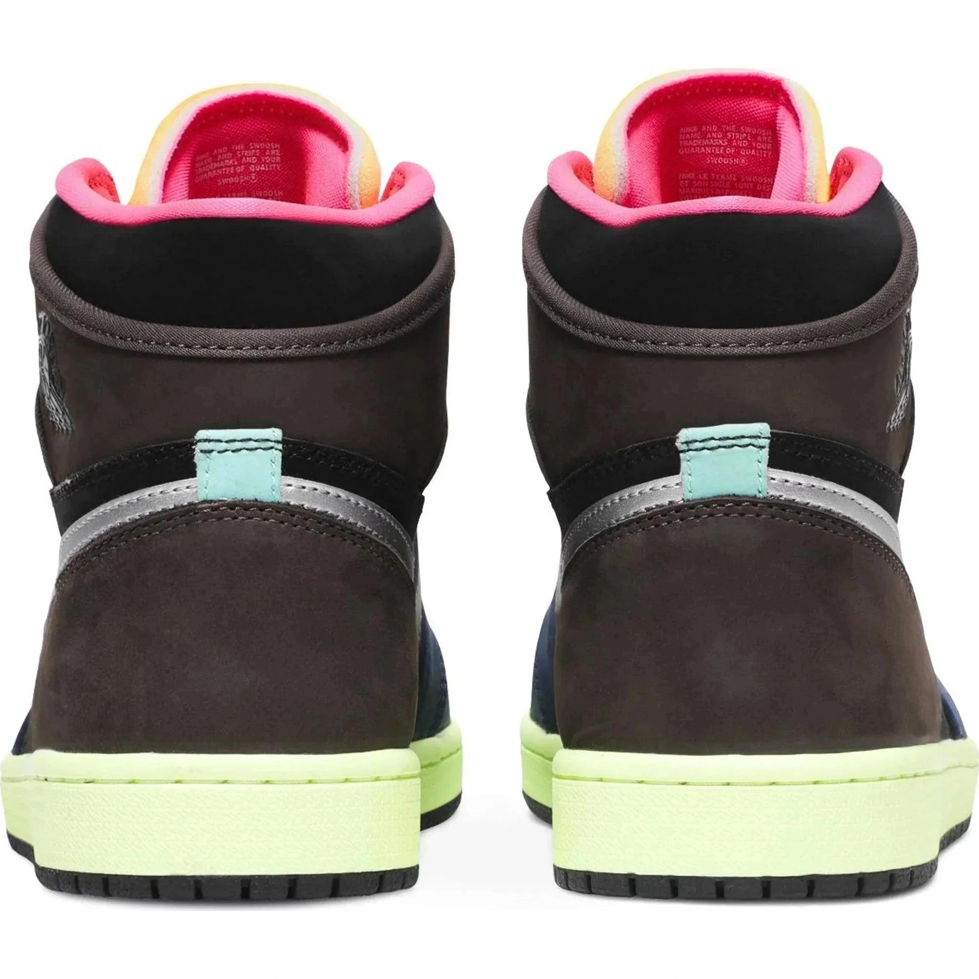Back view of multicolor high-top sneakers with neon green soles and pink lining
