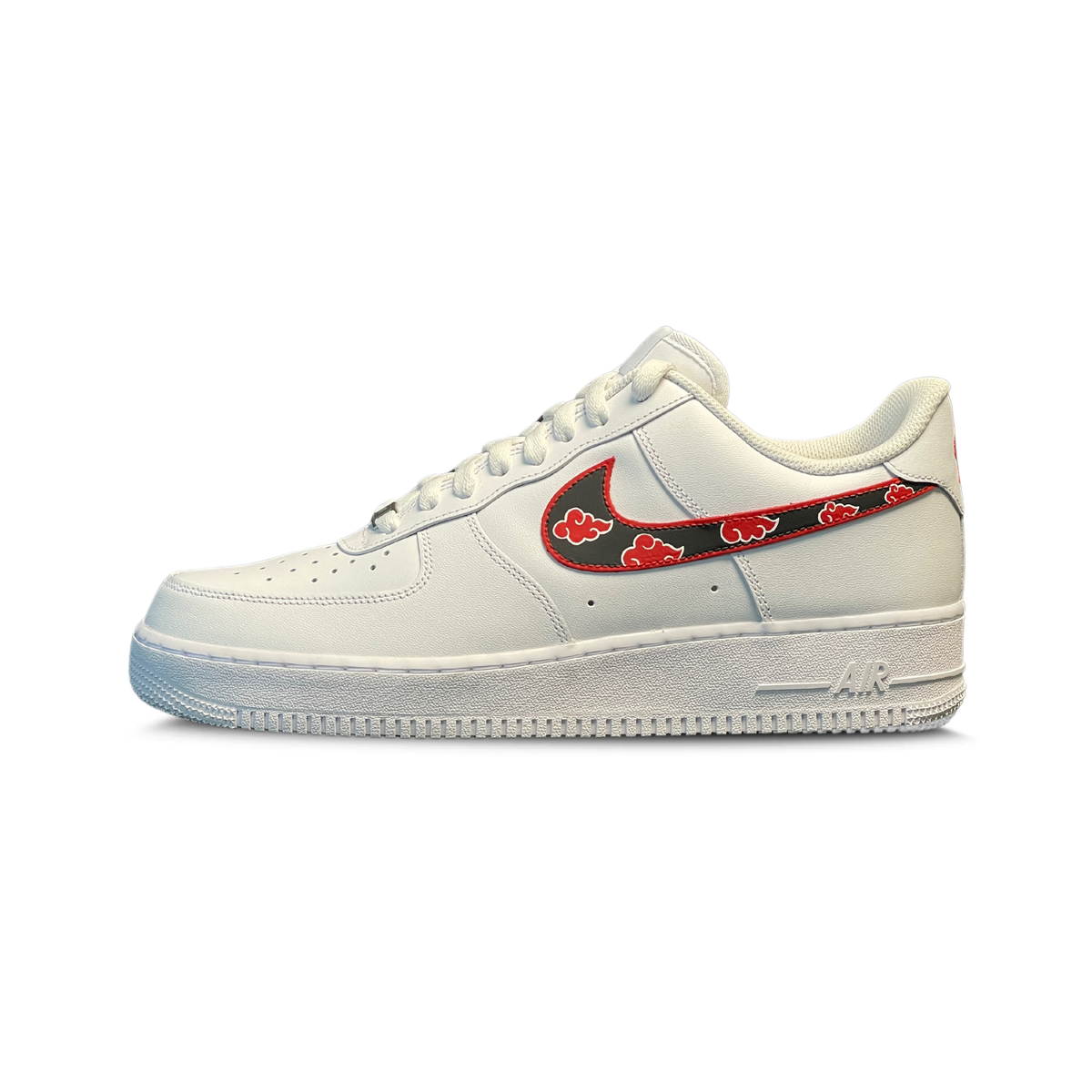 White low-top streetwear sneaker with custom red and black cloud design on the Swoosh logo