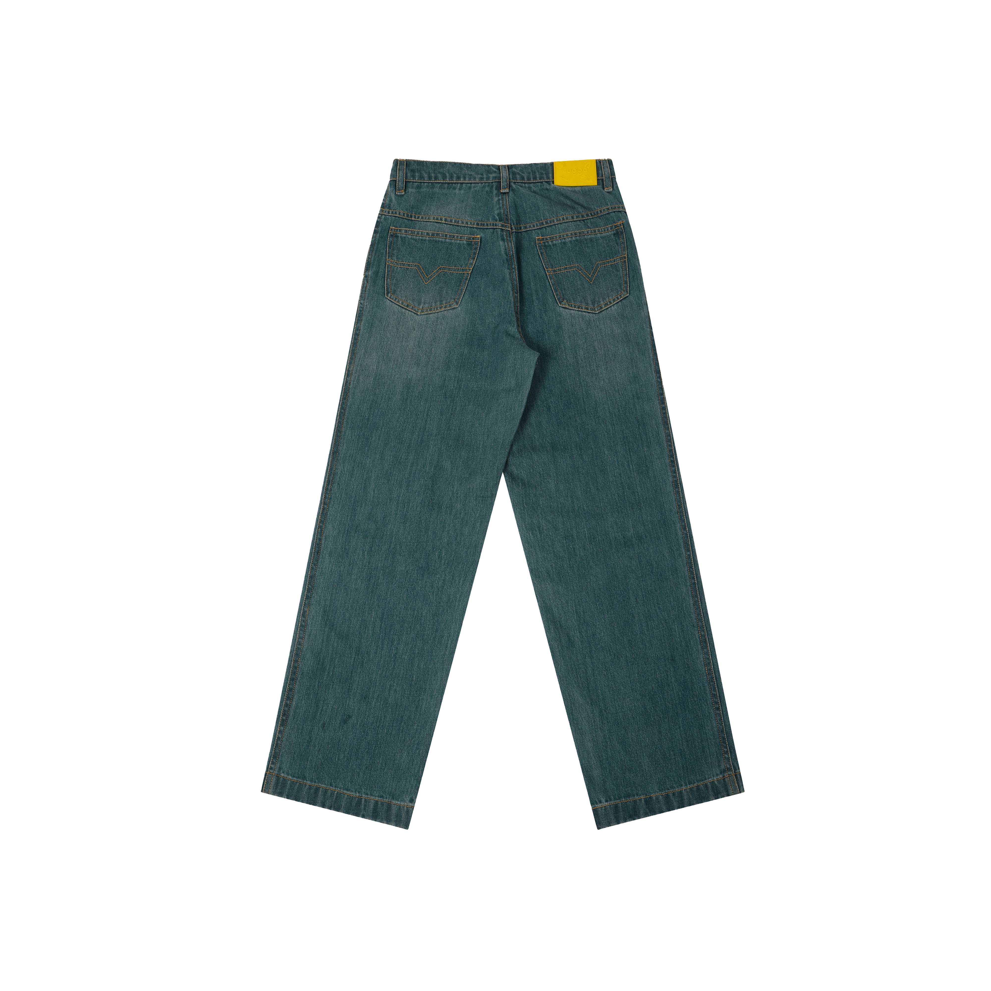 Acid washed blue denim jeans with straight leg and yellow patch on waistband, streetwear style