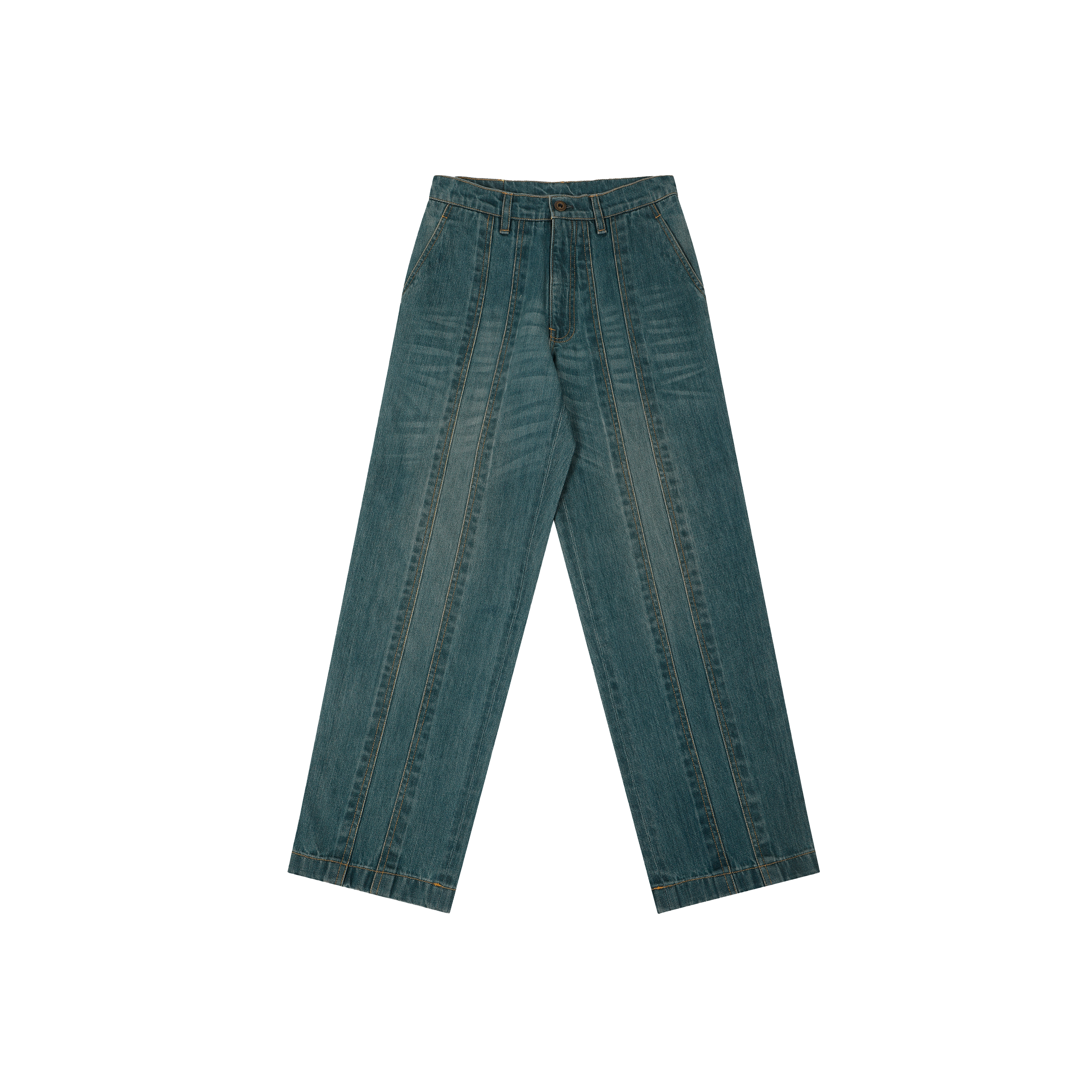Acid wash blue denim jeans with straight leg fit and front pleat detail on white background.