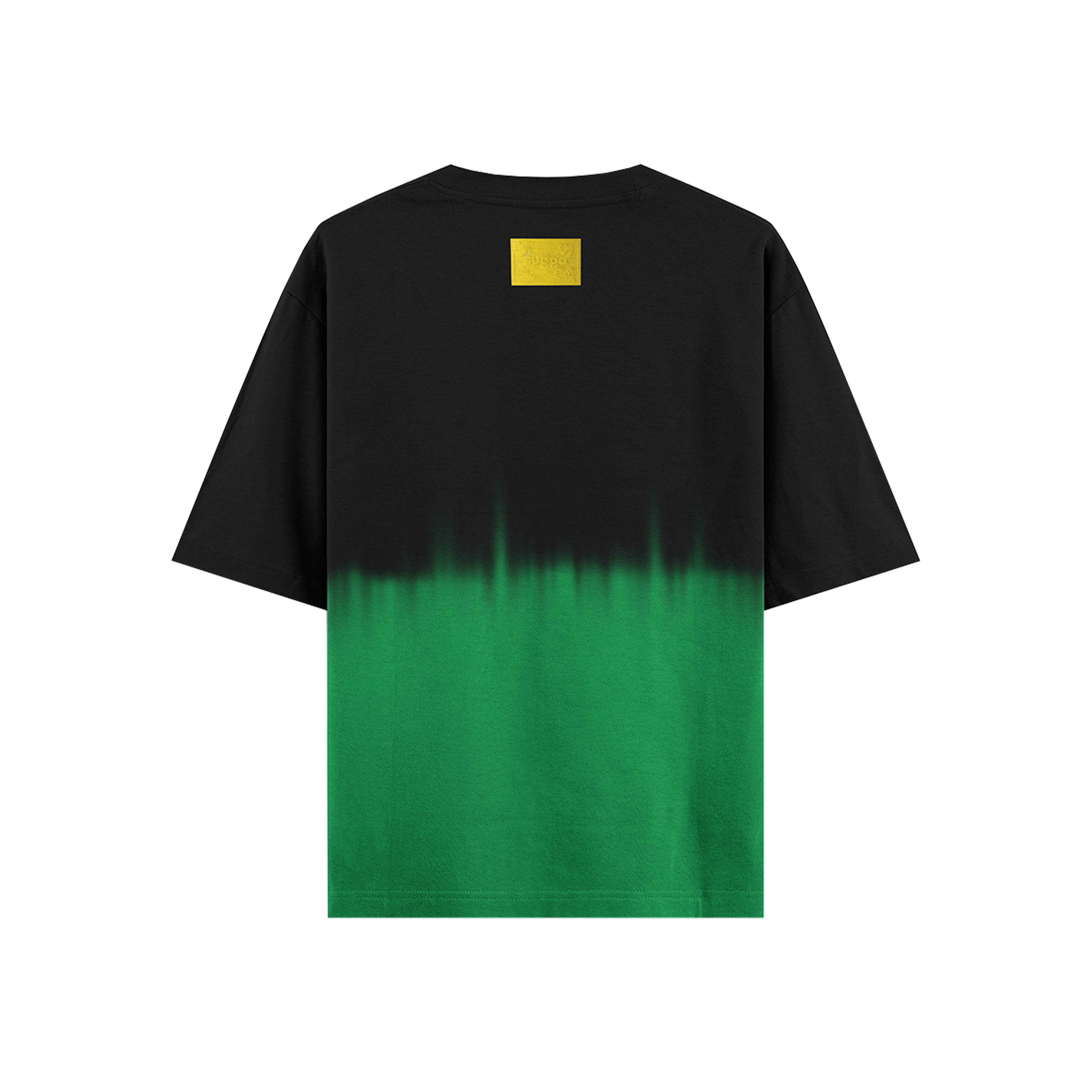 Black and green dip-dye streetwear t-shirt with short sleeves and yellow patch on the back