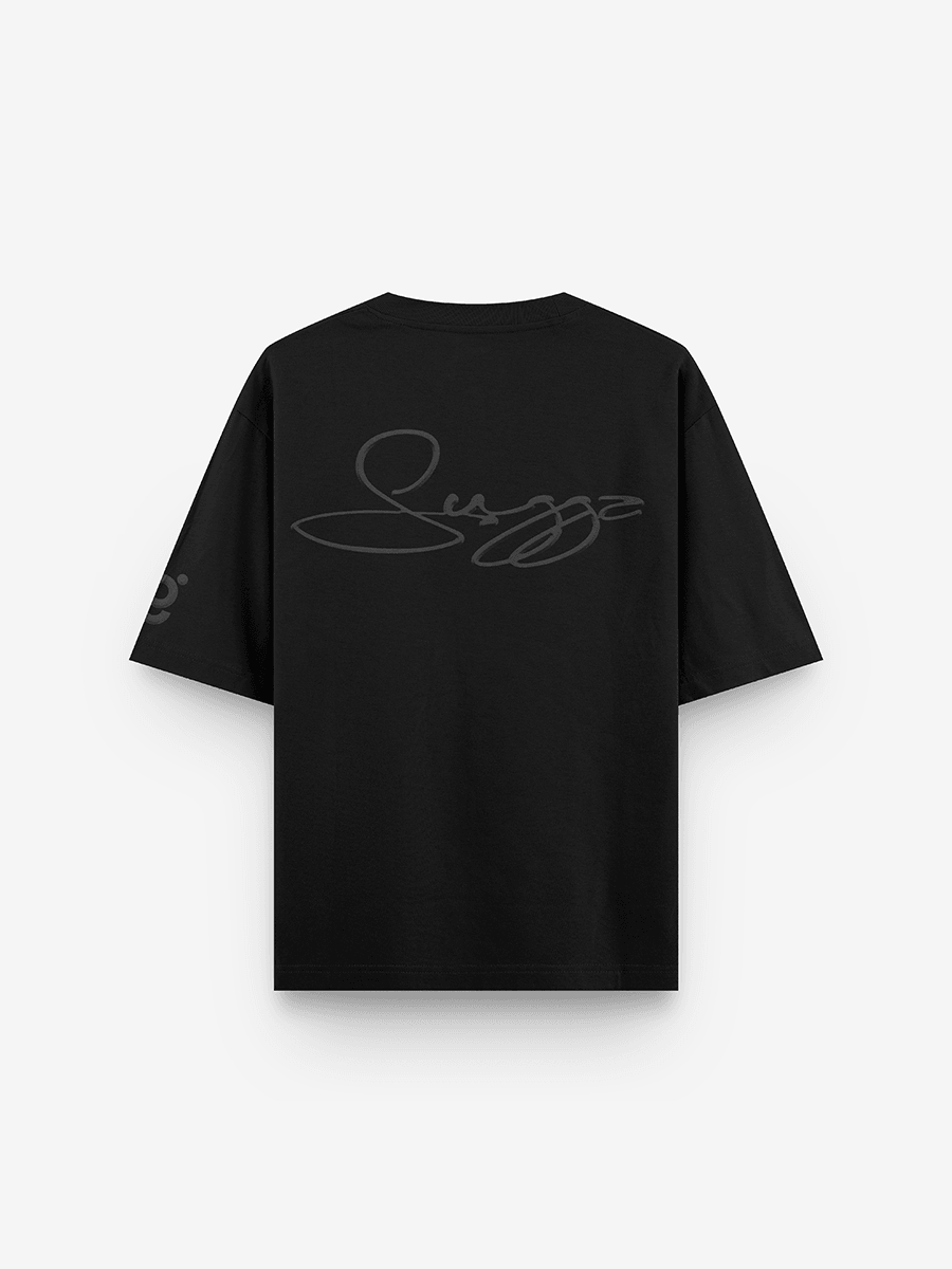 Black streetwear T-shirt with oversized fit and subtle cursive graphic on back